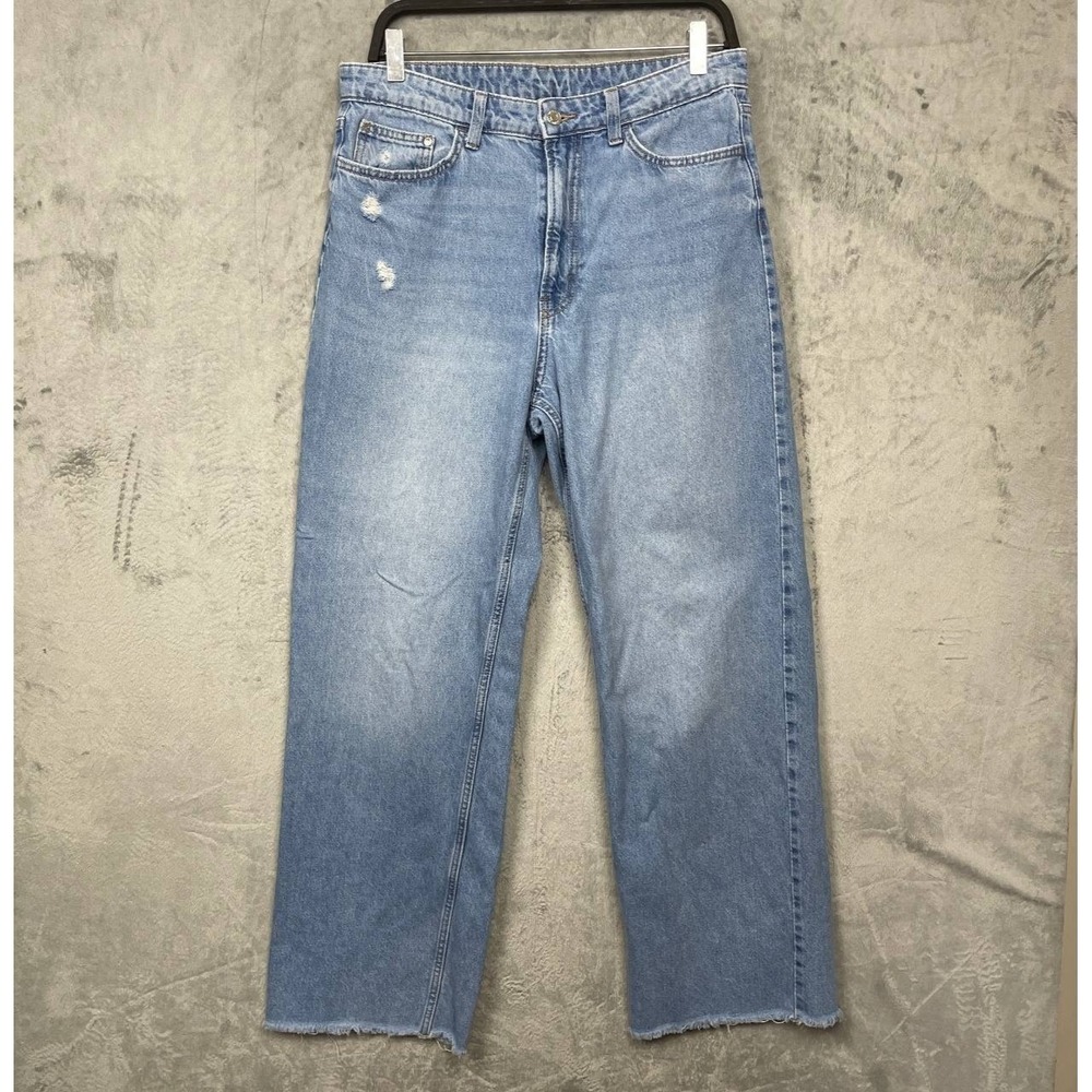 Y2K Distressed Wide Leg Light Wash Denim Jeans Large Raw Hem Streetwear Grunge‎